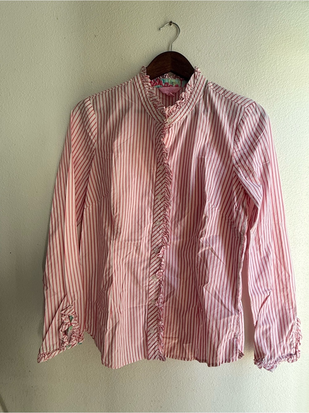 Lilly Pulitzer Pink and White Striped Ruffle Shirt
